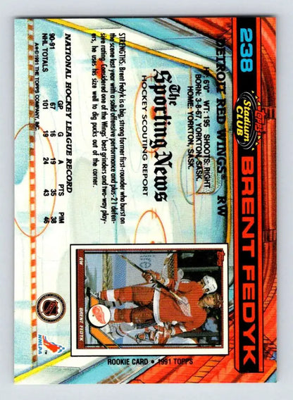 Trading card featuring Brent Fedyk for the Detroit Red Wings with orange and blue design