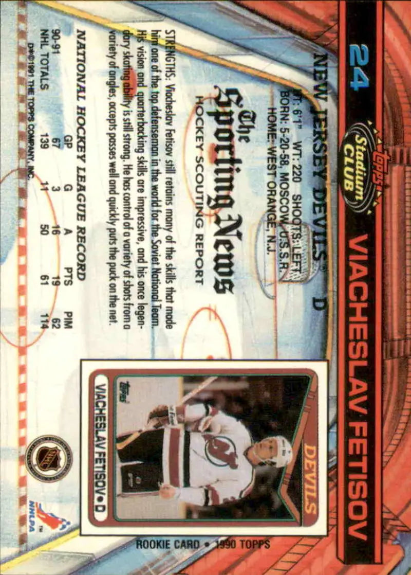 Hockey trading card of Slava Fetisov in New Jersey Devils jersey from Topps Stadium Club