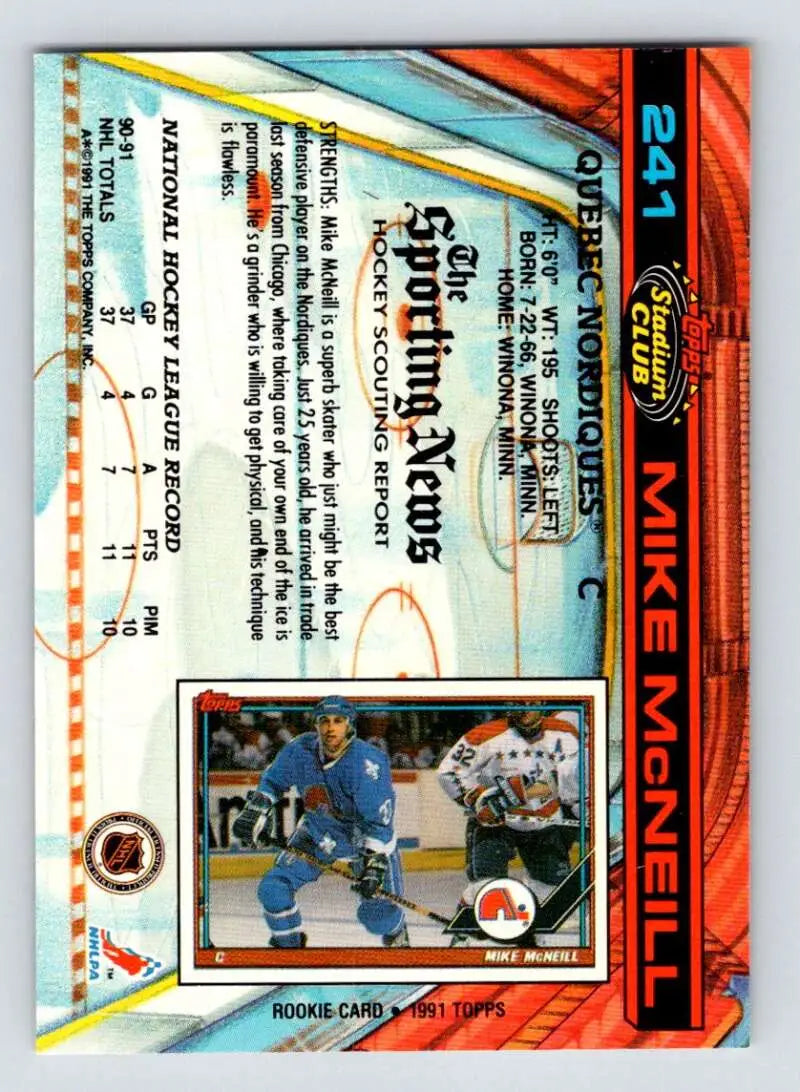 Hockey trading card of Mike McNeil in blue uniform from Topps Stadium Club collection