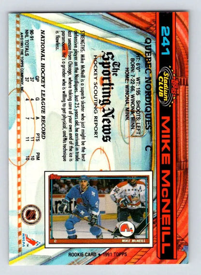 Hockey trading card of Mike McNeil in blue uniform from Topps Stadium Club collection