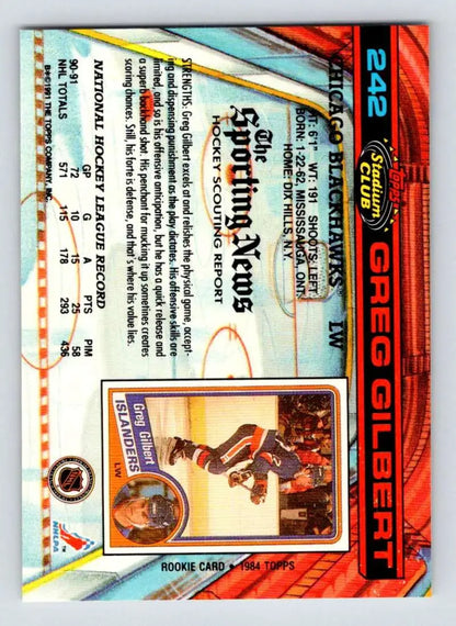 Greg Gilbert Chicago Blackhawks hockey card in red uniform on the ice