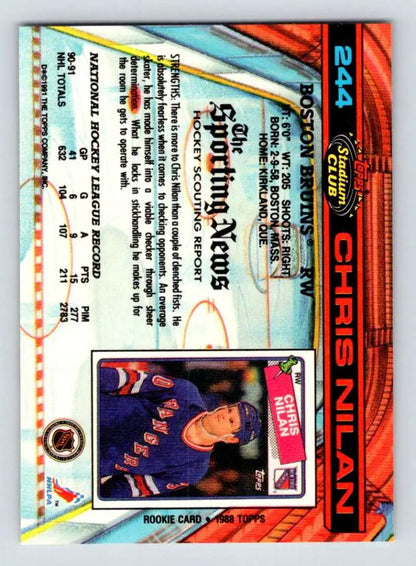Hockey trading card featuring Chris Nilan in Topps Stadium Club design for Boston Bruins
