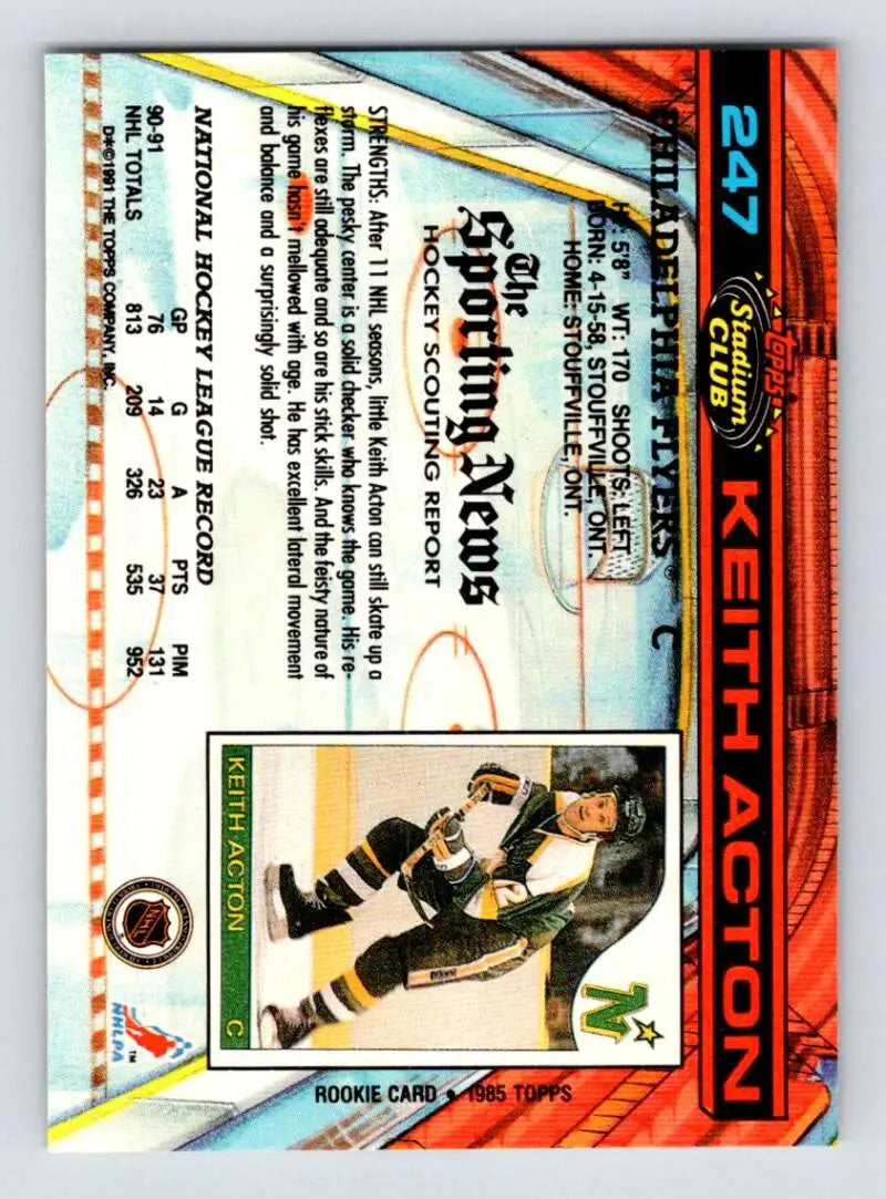 Hockey card of Keith Acton in black and gold uniform for Philadelphia Flyers