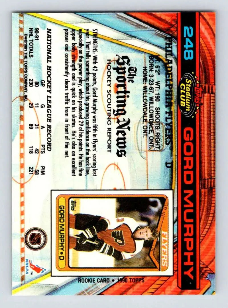 Hockey trading card of Gord Murphy in Philadelphia Flyers uniform from Topps Stadium Club