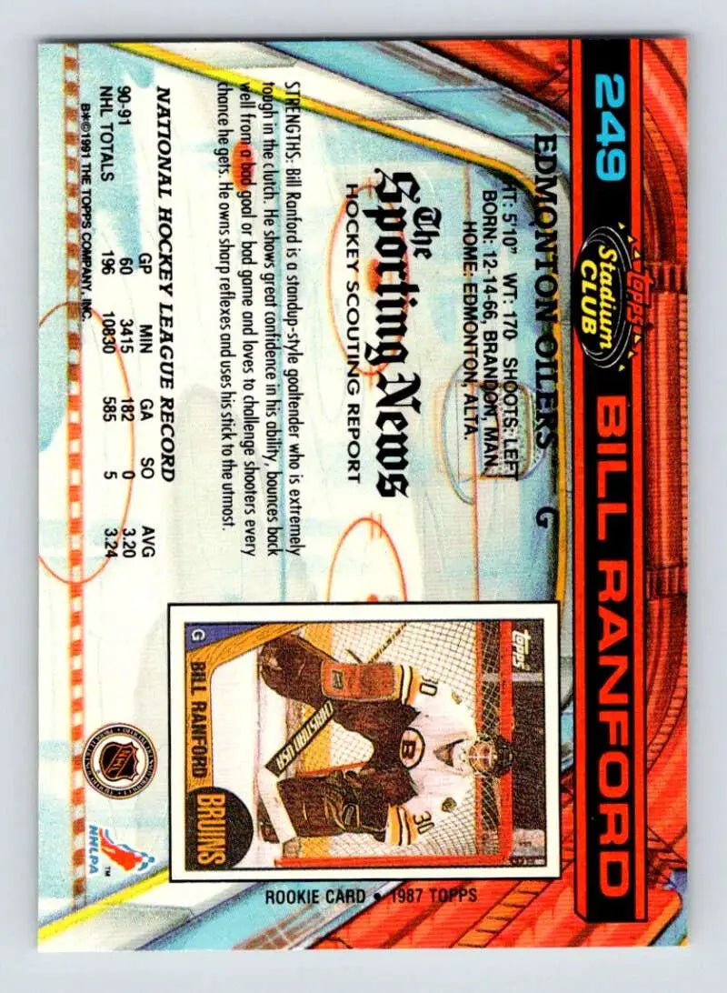 Trading card of Bill Ranford in brown uniform from Topps Stadium Club Edmonton Oilers