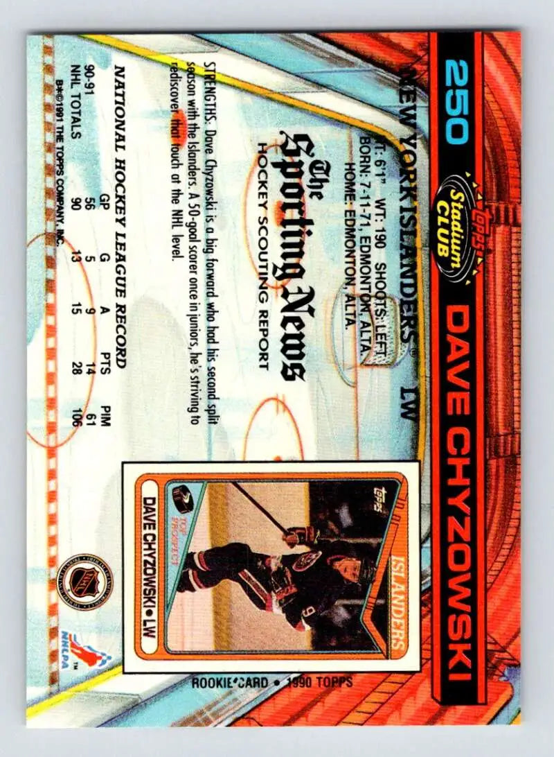 Sports trading card featuring Dave Chyzowski from Topps Stadium Club with vibrant design