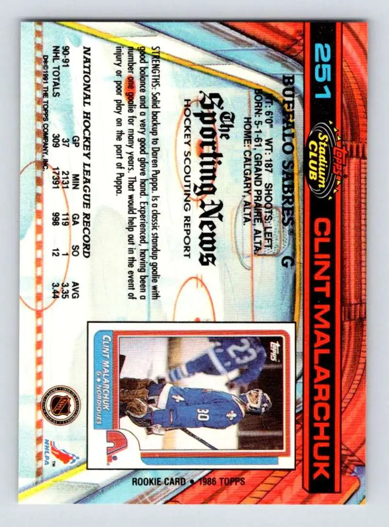 Holographic Topps Stadium Club card of Clint Malarchuk in Buffalo Sabres blue uniform