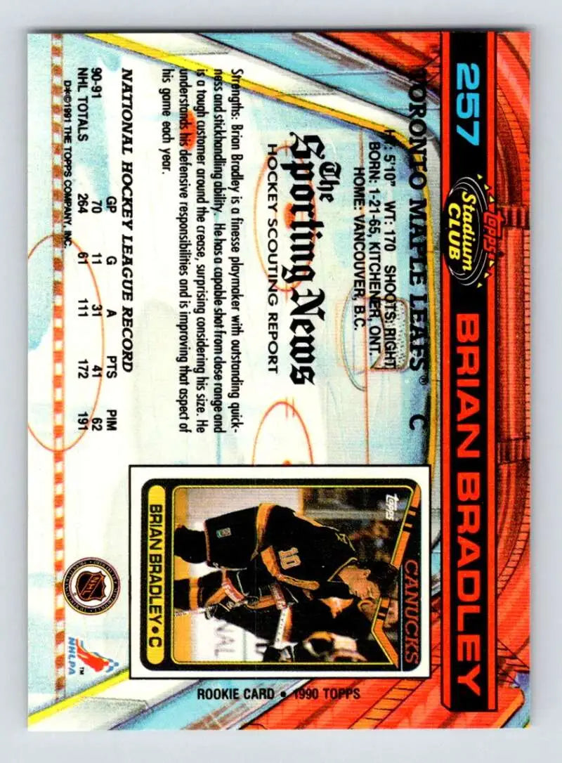 Trading card of Brian Bradley in black uniform for Toronto Maple Leafs Hockey