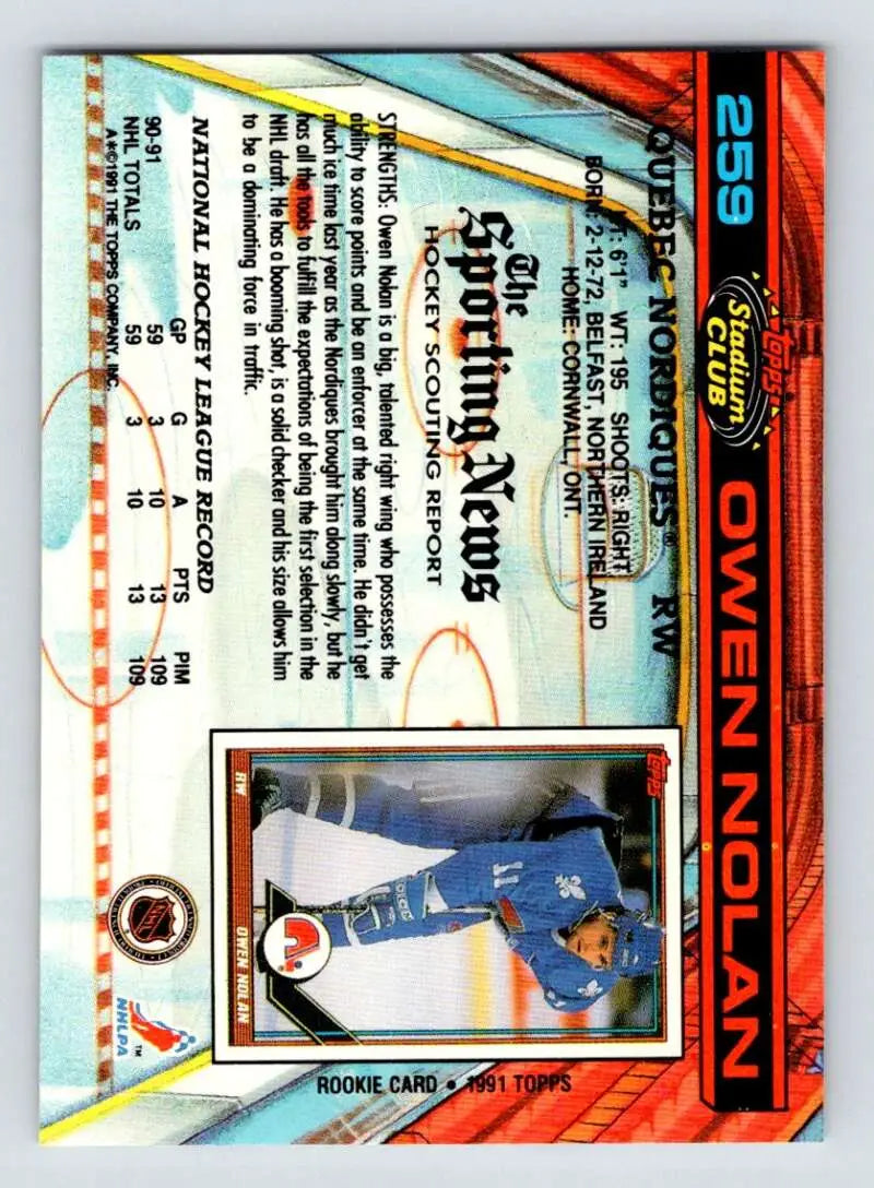 Holographic 1991-92 Topps Stadium Club #259 Owen Nolan Quebec Nordiques Hockey Card
