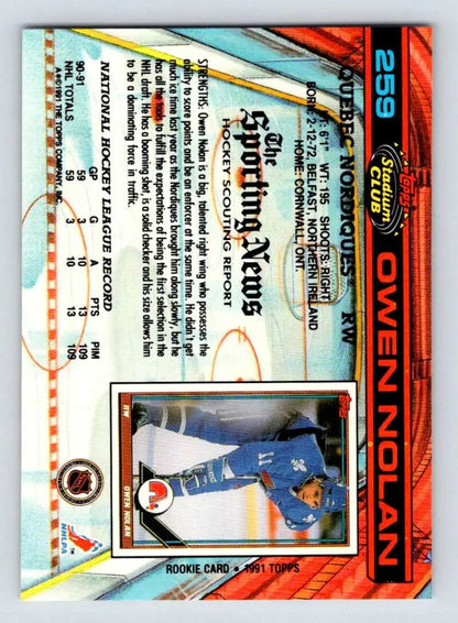 Holographic 1991-92 Topps Stadium Club #259 Owen Nolan Quebec Nordiques Hockey Card