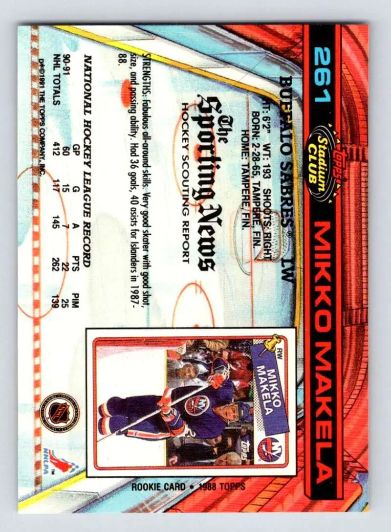 Hockey card featuring 1991-92 Topps Stadium Club Mikko Makela with red border and holographics