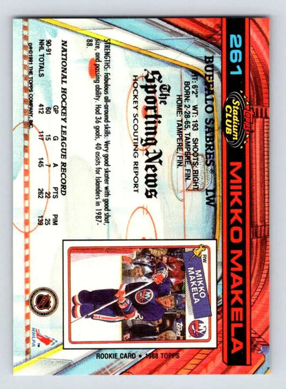 Hockey card featuring 1991-92 Topps Stadium Club Mikko Makela with red border and holographics