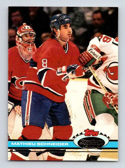 Hockey trading card of Mathieu Schneider in Montreal Canadiens uniform from Topps Stadium Club