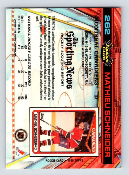 Mathieu Schneider in red Montreal Canadiens uniform on 1991-92 Topps Stadium Club card
