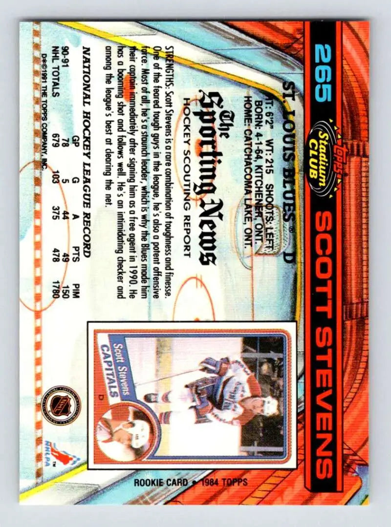 Baseball trading card featuring a holographic design of Scott Stevens from Topps Stadium Club