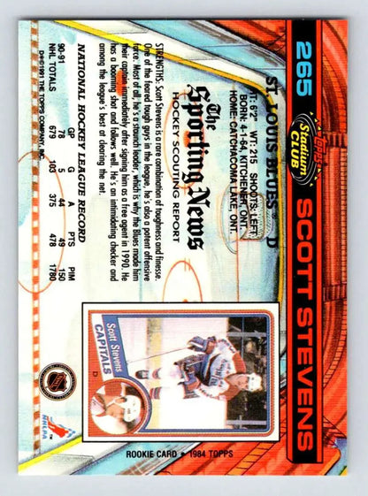 Baseball trading card featuring a holographic design of Scott Stevens from Topps Stadium Club