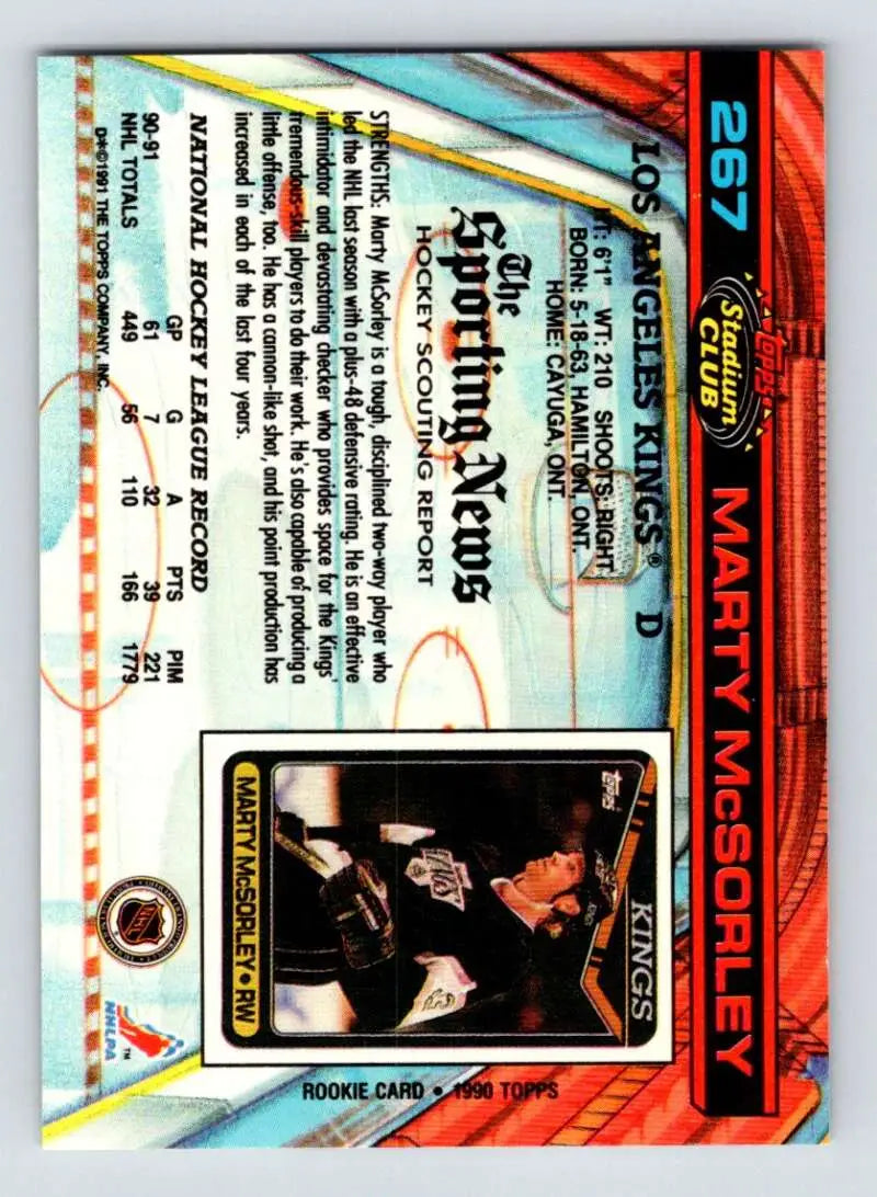Marty McSorley celebrating in black uniform on 1991-92 Topps Stadium Club hockey card