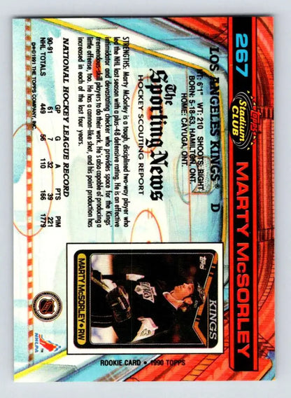 Marty McSorley celebrating in black uniform on 1991-92 Topps Stadium Club hockey card