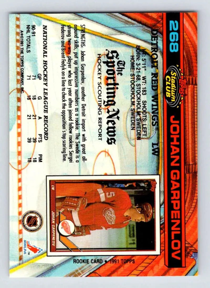 Baseball trading card featuring Detroit Red Wings Johan Garpenlov in vibrant orange and teal