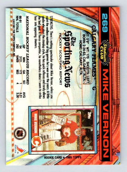 Trading card of Mike Vernon in red jersey for Calgary Flames Topps Stadium Club