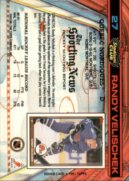 Back side of 1991-92 Topps Stadium Club Randy Velischek Hockey Card with Quebec Nordiques stats