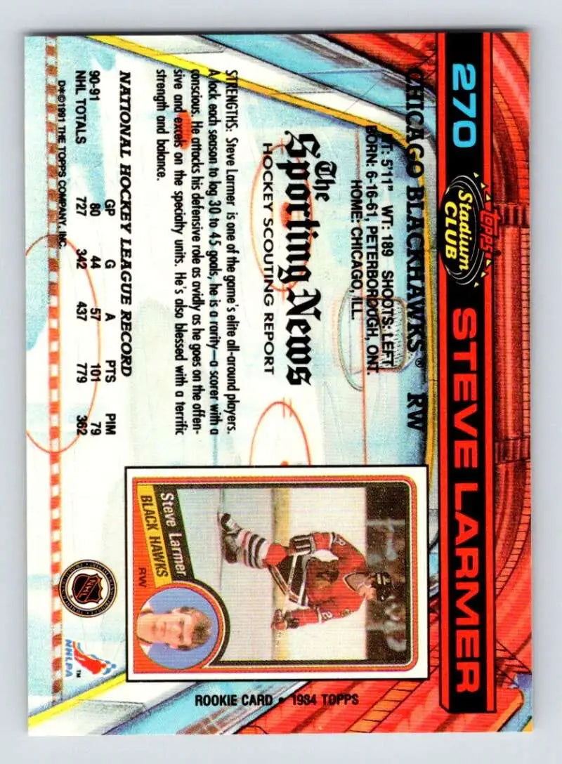 Trading card of Steve Larmer in red and white Chicago Blackhawks uniform, Topps Stadium Club