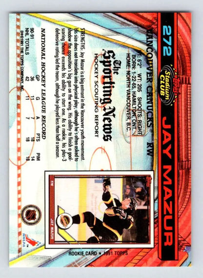 Trading card of Jay Mazur in black uniform making a save from Topps Stadium Club