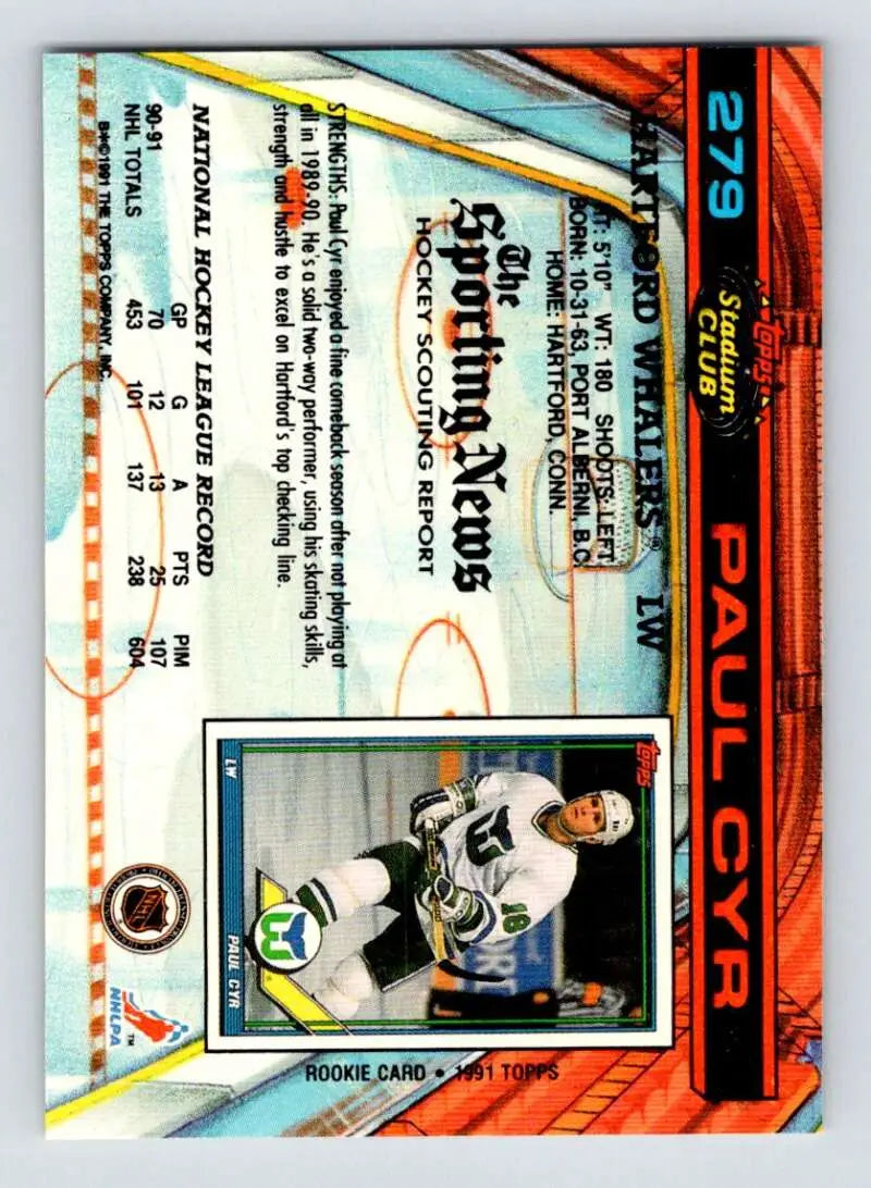 Hockey card featuring Paul Cyr with orange and blue design for Hartford Whalers fans