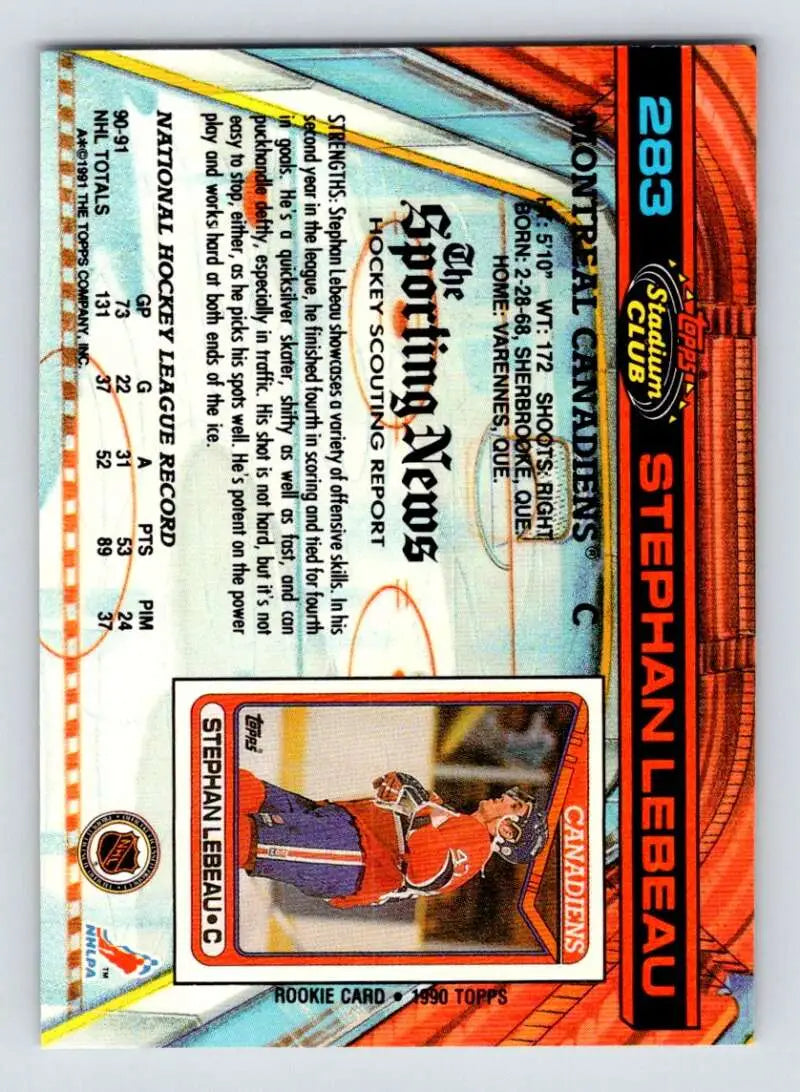 Back of 1991-92 Topps Stadium Club Stephan Lebeau Hockey Card with statistics