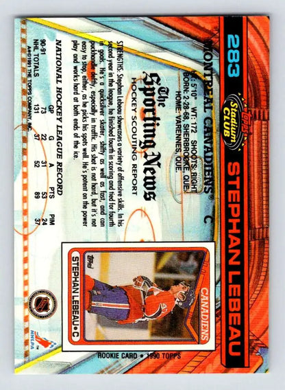 Back of 1991-92 Topps Stadium Club Stephan Lebeau Hockey Card with statistics