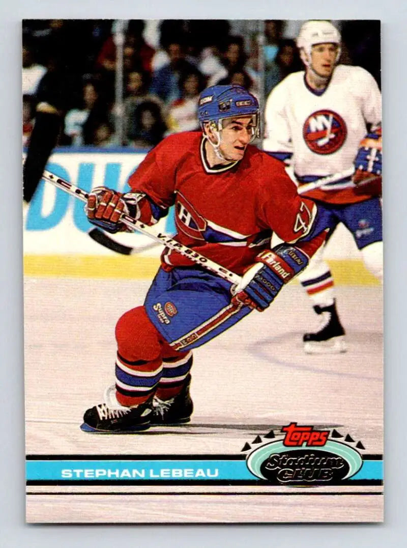 Hockey player in red Montreal Canadiens jersey from 1991-92 Topps Stadium Club Stephan Lebeau