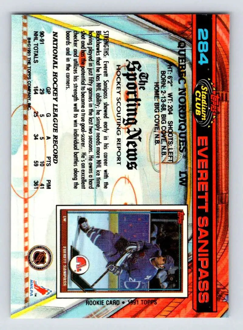 Trading card of Everett Sanipass skating in dark uniform for Quebec Nordiques Topps Stadium Club