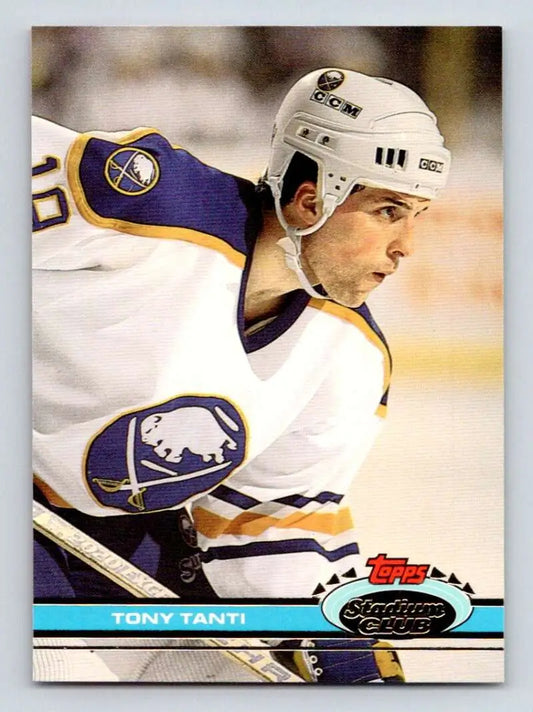 Hockey trading card of Tony Tanti in Buffalo Sabres jersey from Stadium Club series