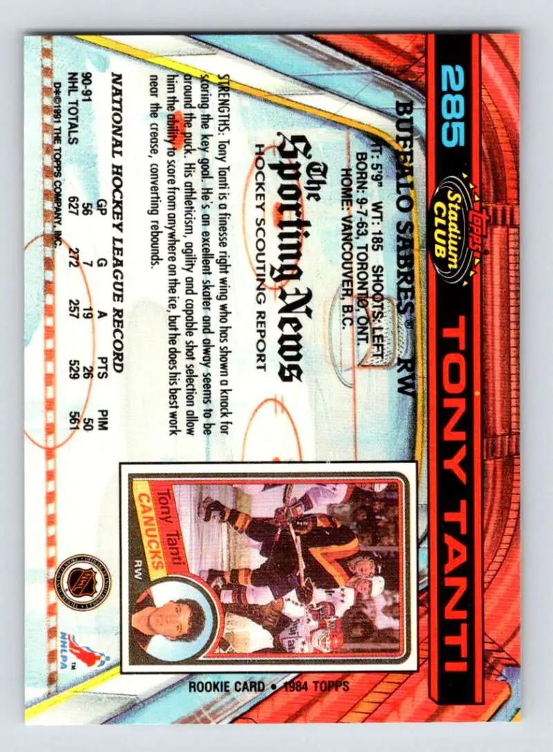 Baseball trading card featuring Tony Tanti, Buffalo Sabres, in red and blue design