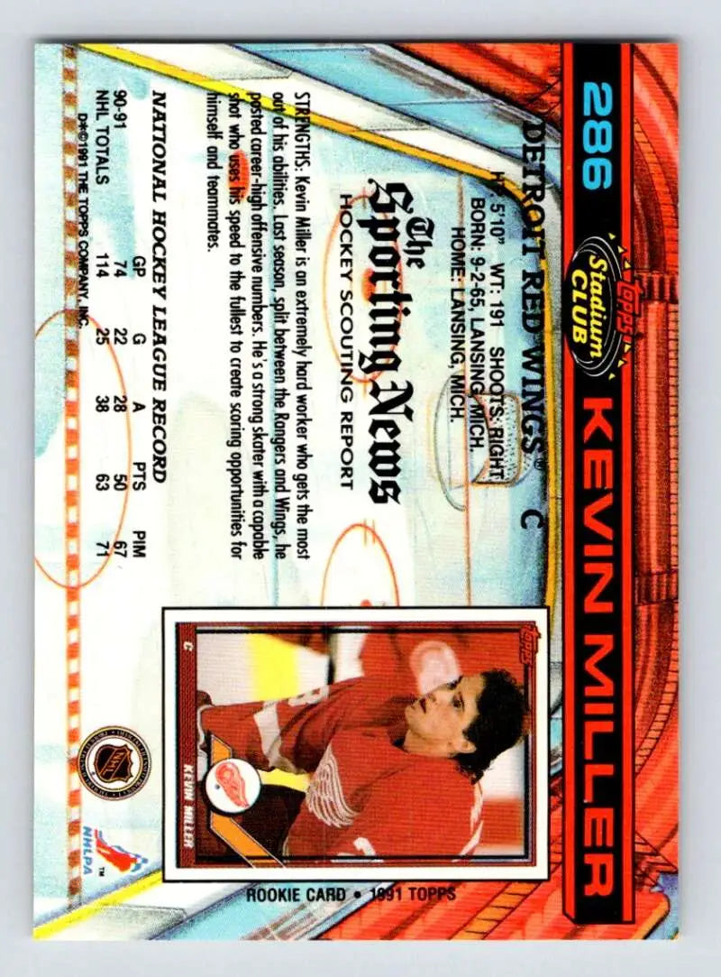 Hockey trading card of Kevin Miller in a red jersey for the Detroit Red Wings