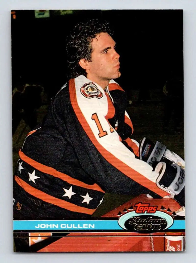 Hockey card featuring John Cullen in Hartford Whalers black and orange jersey with stars