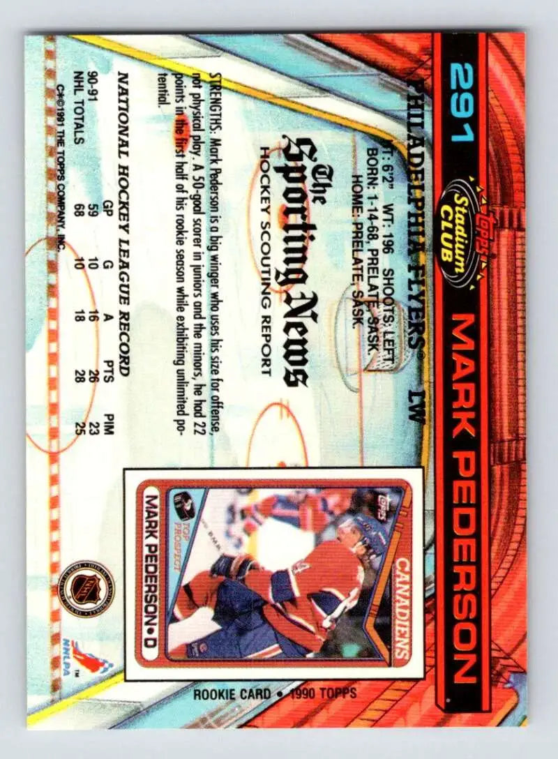 Mark Pederson Philadelphia Flyers card with player in red and blue uniform on ice