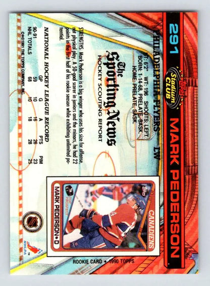 Mark Pederson Philadelphia Flyers card with player in red and blue uniform on ice