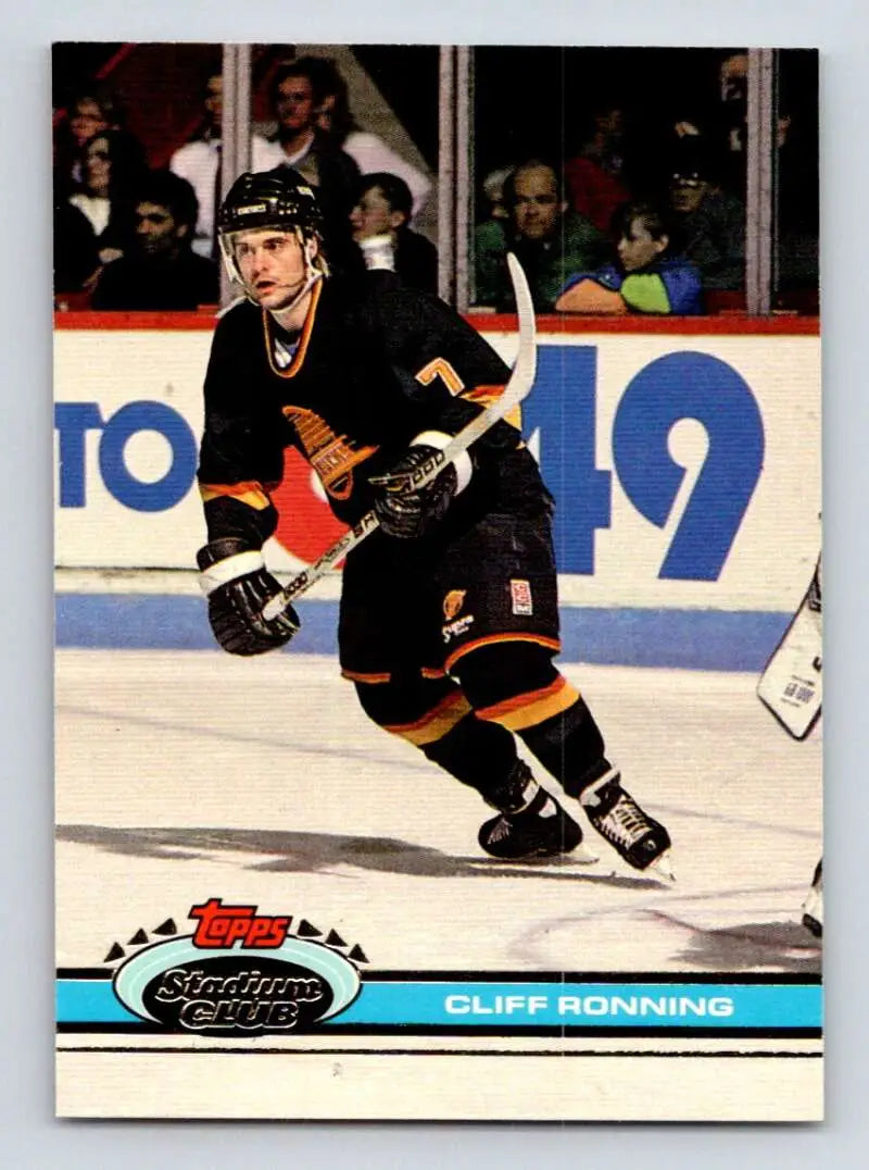 Hockey player Cliff Ronning in black and orange uniform on ice for Vancouver Canucks card