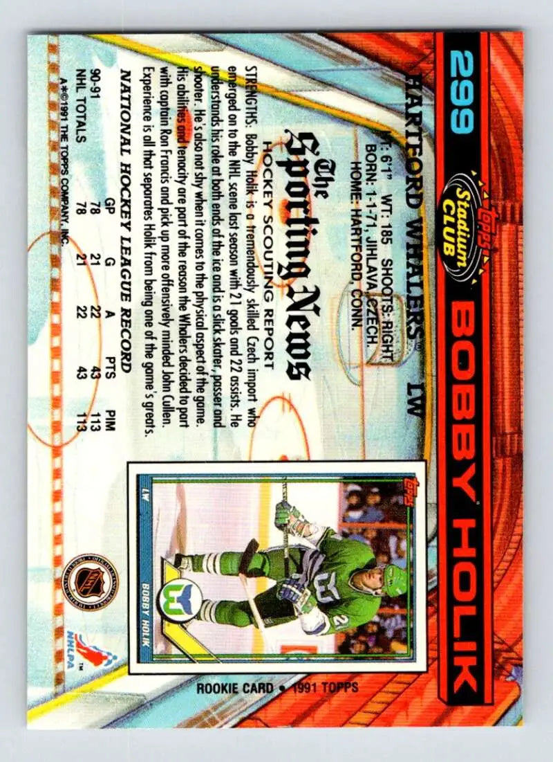 Hockey trading card featuring Bobby Holik from the Hartford Whalers Topps Stadium Club