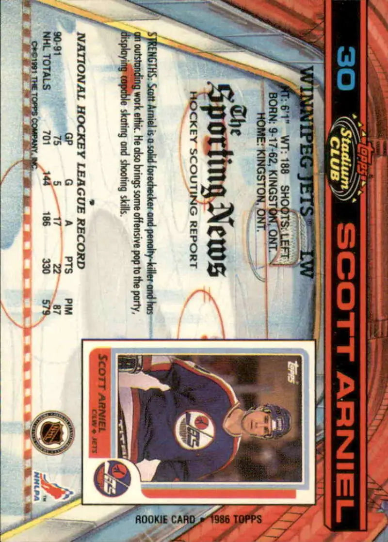 Scott Arniel Hockey Card in Winnipeg Jets Uniform from 1991-92 Topps Stadium Club