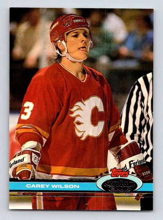 Hockey player in Calgary Flames jersey, Carey Wilson, Topps Stadium Club card #301