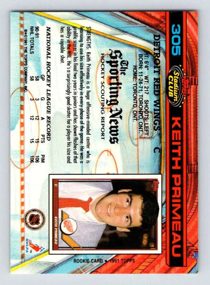 1991-92 Topps Stadium Club Keith Primeau Hockey Card featuring Detroit Red Wings colors