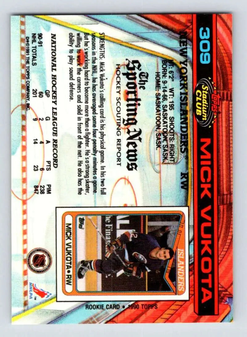 Holographic 1991-92 Topps Stadium Club Mick Vukota Hockey Card in dark uniform