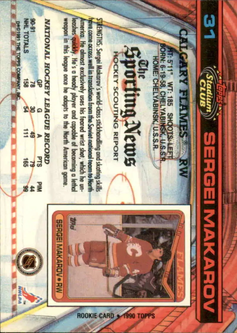 Hockey card of Sergei Makarov in Calgary Flames uniform from 1991-92 Topps Stadium Club