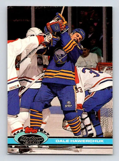 Dale Hawerchuk in blue and yellow Buffalo Sabres uniform during game action hockey card