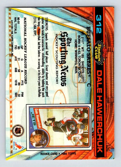 Baseball trading card featuring Dale Hawerchuk’s stats and a colorful holographic design