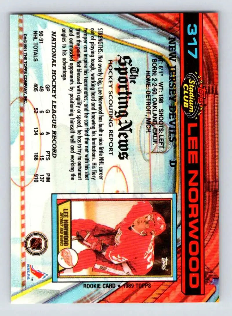 Baseball trading card of Lee Norwood in red jersey for Stadium Club collection