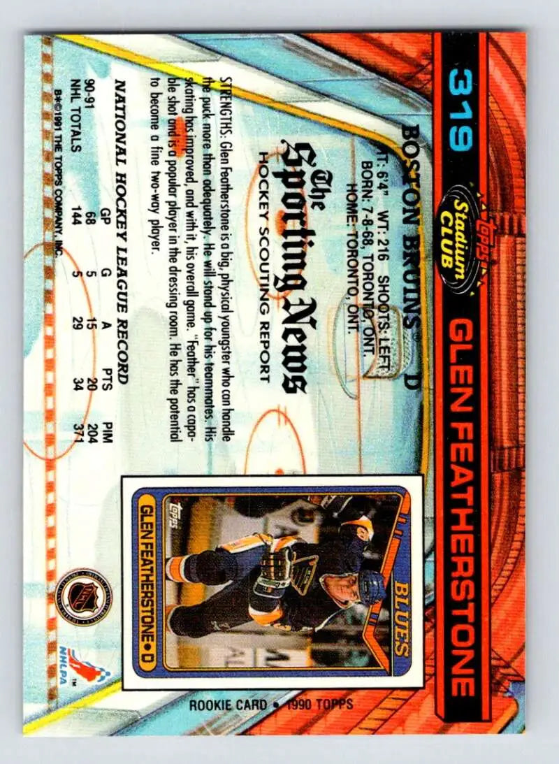 1991-92 Topps Stadium Club Glen Featherstone Boston Bruins Hockey Card on holographic background