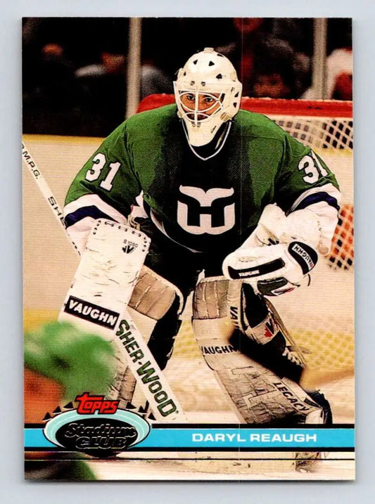 Hockey trading card of Daryl Reaugh in green jersey, Topps Stadium Club collectible